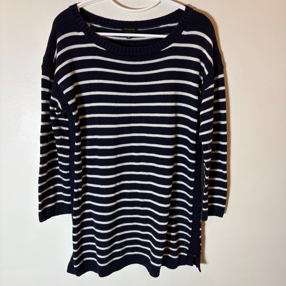 Talbots Navy Blue White Striped Knit Pullover Sweater Size Medium‎